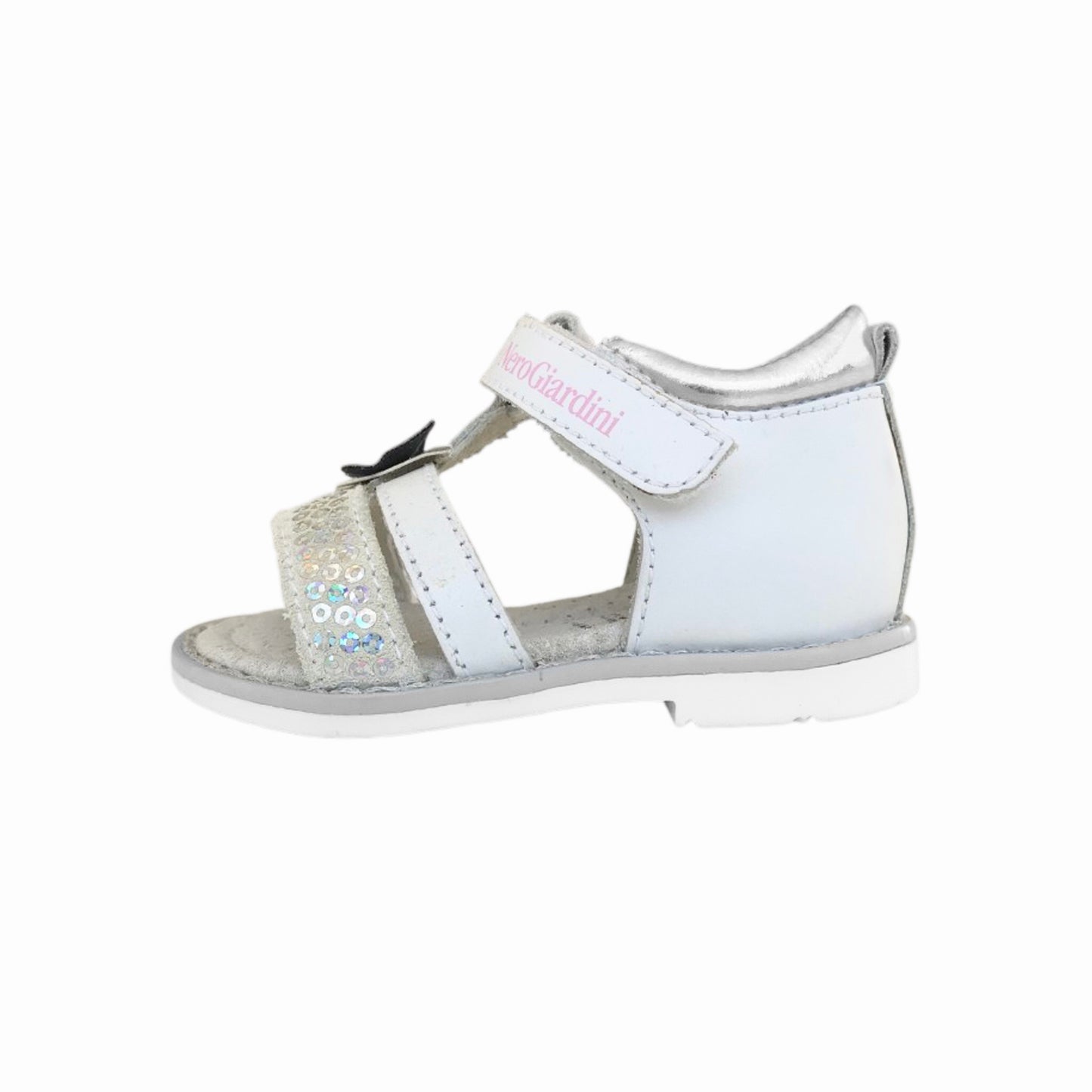 Sandali Bambina, Nero Giardini, P621570F, Vera Pelle, Bianco, Applicazione Farfalla, Paillettes