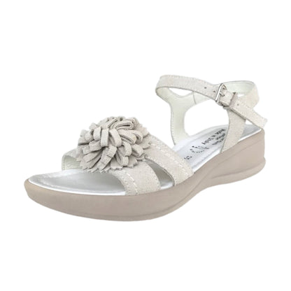 Sandali Bambina in Vera Pelle con Fiore Decorativo, Beige, Zeppa Comfort, 32 EU