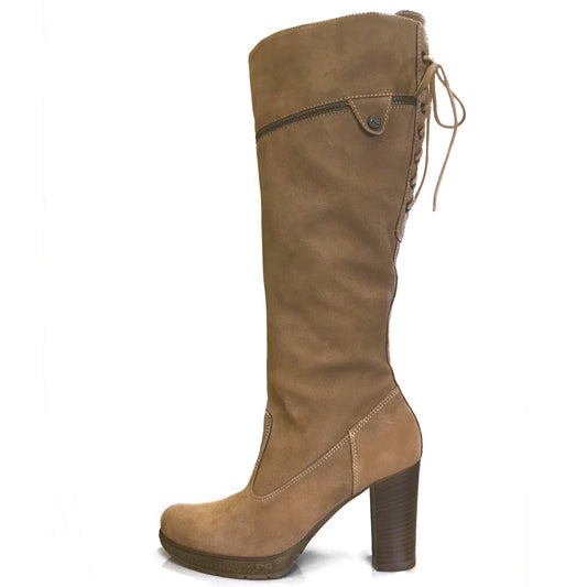 Stivali Donna NeroGiardini A005205D Vera Pelle Scamosciata, Tacco alto a blocco, Plateau, Cerniera Zip, Lacci - Colore Beige Cammello