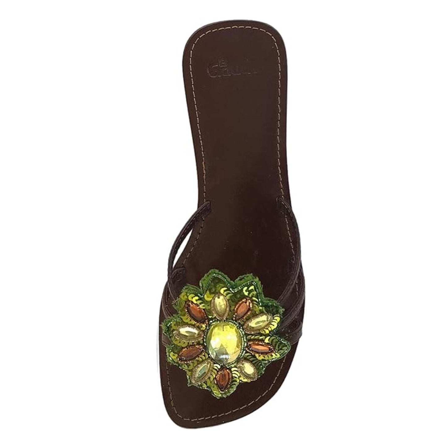 Ciabatte gioiello El Gaucho Brown con fior verde Vera Pelle Fondo Vero Cuoio