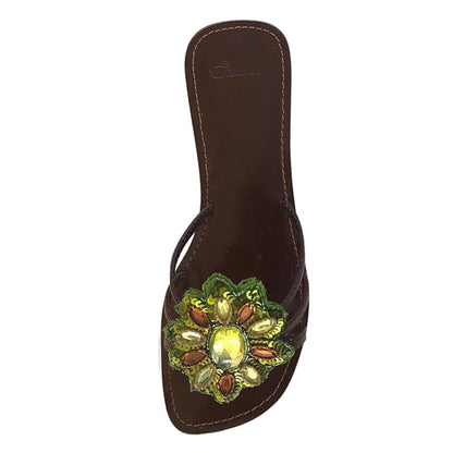 Ciabatte gioiello El Gaucho Brown con fior verde Vera Pelle Fondo Vero Cuoio