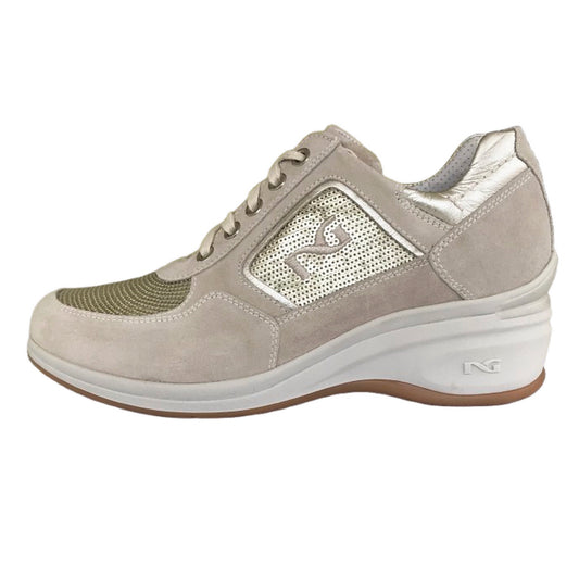 Sneakers Donna NeroGiardini P207010D Vera Pelle Beige Avorio con paillettes platino e zeppa - 39 (EU)