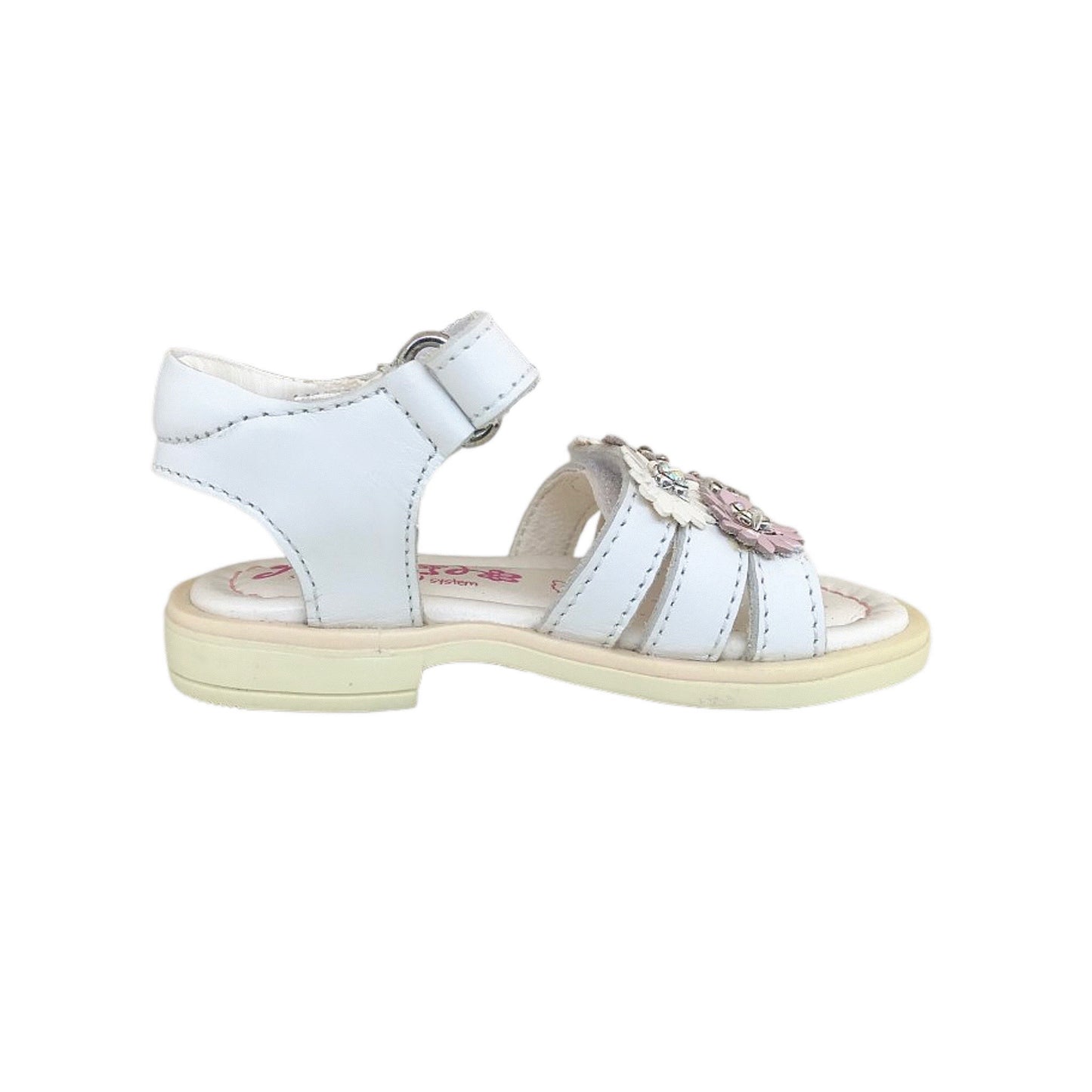 Sandali Bambina Primigi in Vera Pelle, Bianco con Applicazioni di Fiori Rosa e Bianchi, Chiusura a Strappo