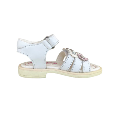 Sandali Bambina Primigi in Vera Pelle, Bianco con Applicazioni di Fiori Rosa e Bianchi, Chiusura a Strappo