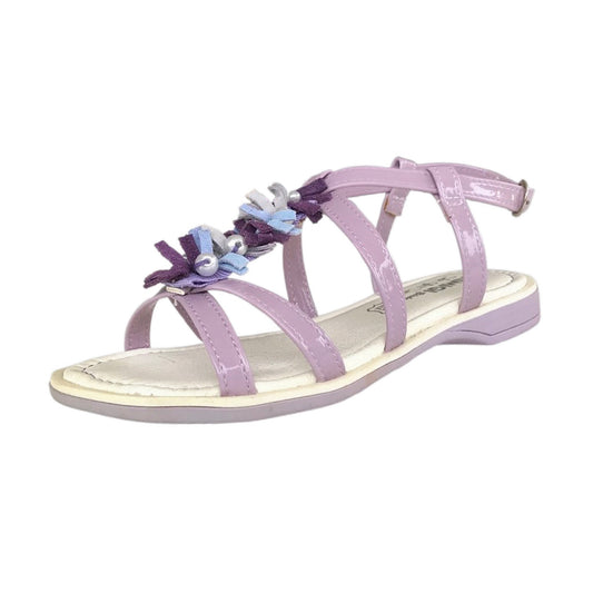 Sandali Bambina con Fiori e Perle, in Vera Pelle, Lilla, Cinturini Incrociati, Fibbia, Suola Comfort