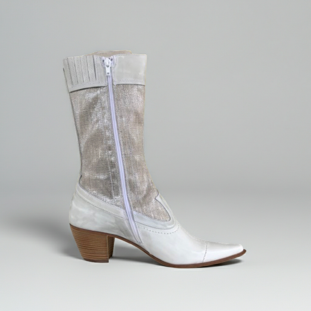 Stivali Texani Donna NeroGiardini 00312 Vera Pelle Bianco Menta e Tela Argento, 40 EU