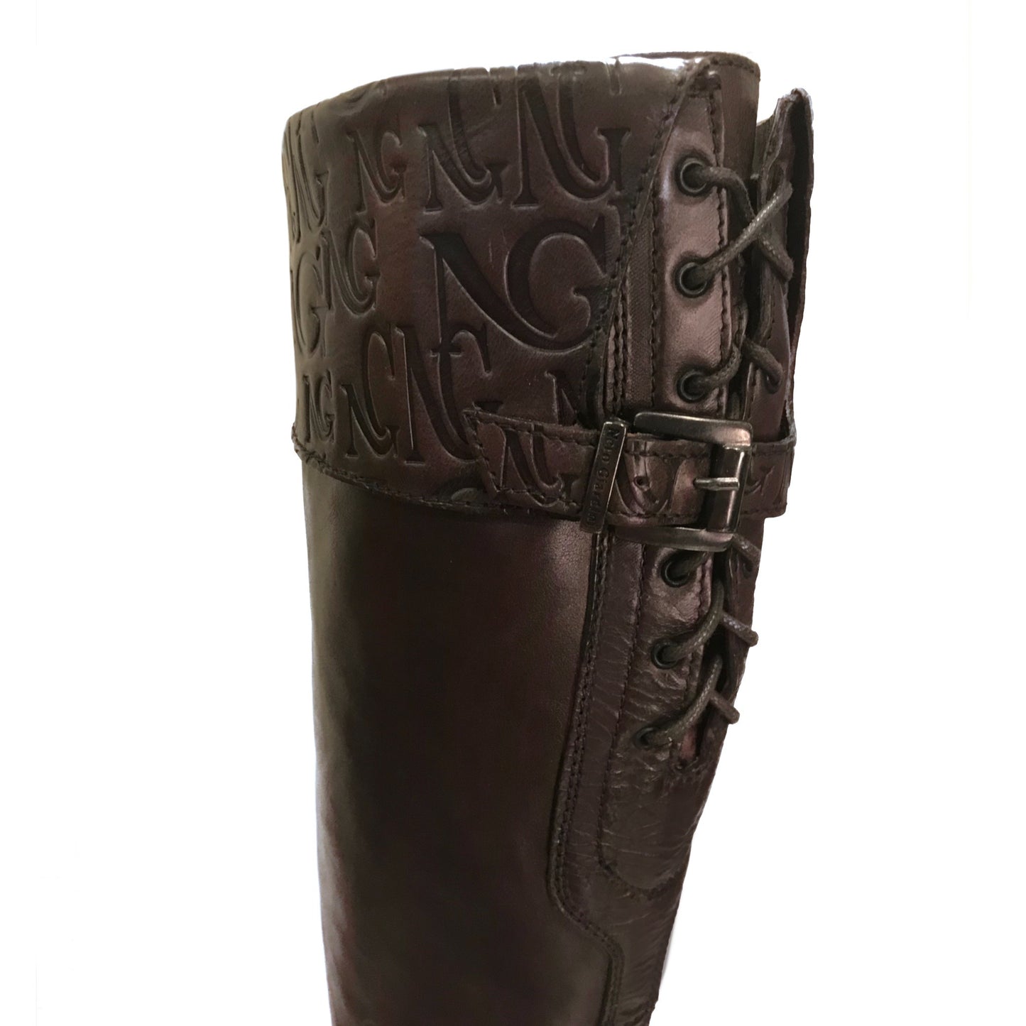 Stivali Cavallerizza NeroGiardini 00212 Vera Pelle, tacco basso 3 cm, Cerniera Zip Laterale, Lacci, risvolto monogram, Marrone Testa di Moro - Numero 38 (EU)