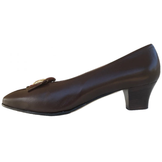 Décolleté Lady Confort 1440 Vera Pelle Marrone Ebano con decorazione oro