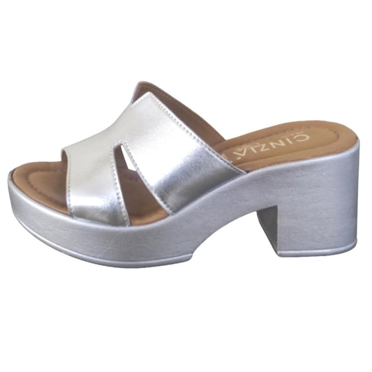 Ciabatte Donna Cinzia Soft 342 vera pelle argento, tacco a blocco con plateau