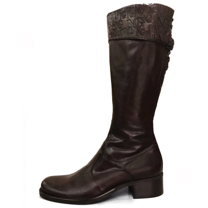 Stivali Cavallerizza NeroGiardini 00212 Vera Pelle, tacco basso 3 cm, Cerniera Zip Laterale, Lacci, risvolto monogram, Marrone Testa di Moro - Numero 38 (EU)