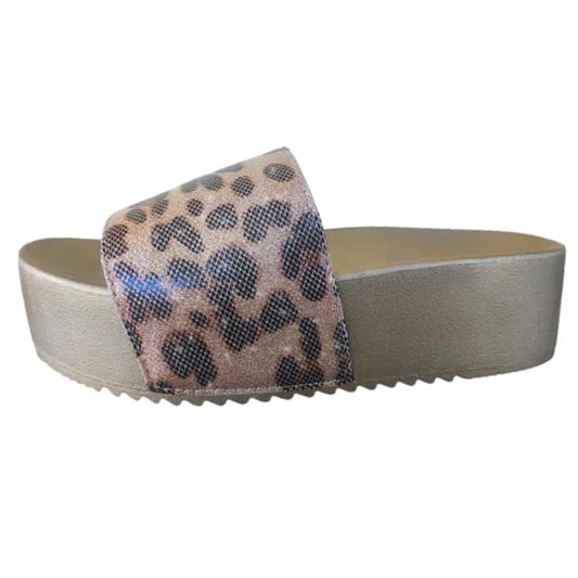 Ciabatte Donna Pregunta Shoes 9001 - Platform oro , fascia stampa leopardata glitter