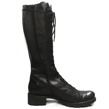 Stivali Anfibi Donna NeroGiardini P106501D Vera Pelle, Tacco basso 3 cm, Fondo gomma, Lacci, Cerniera Zip - Colore Nero