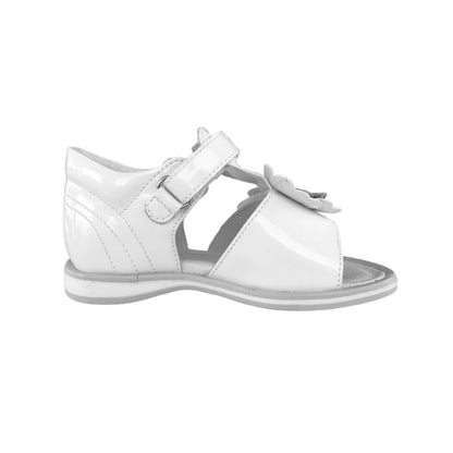Generico Sandali Bambina, Vera Pelle Bianca Lucida con Farfalla Glitter Argento, Chiusura a Strappo