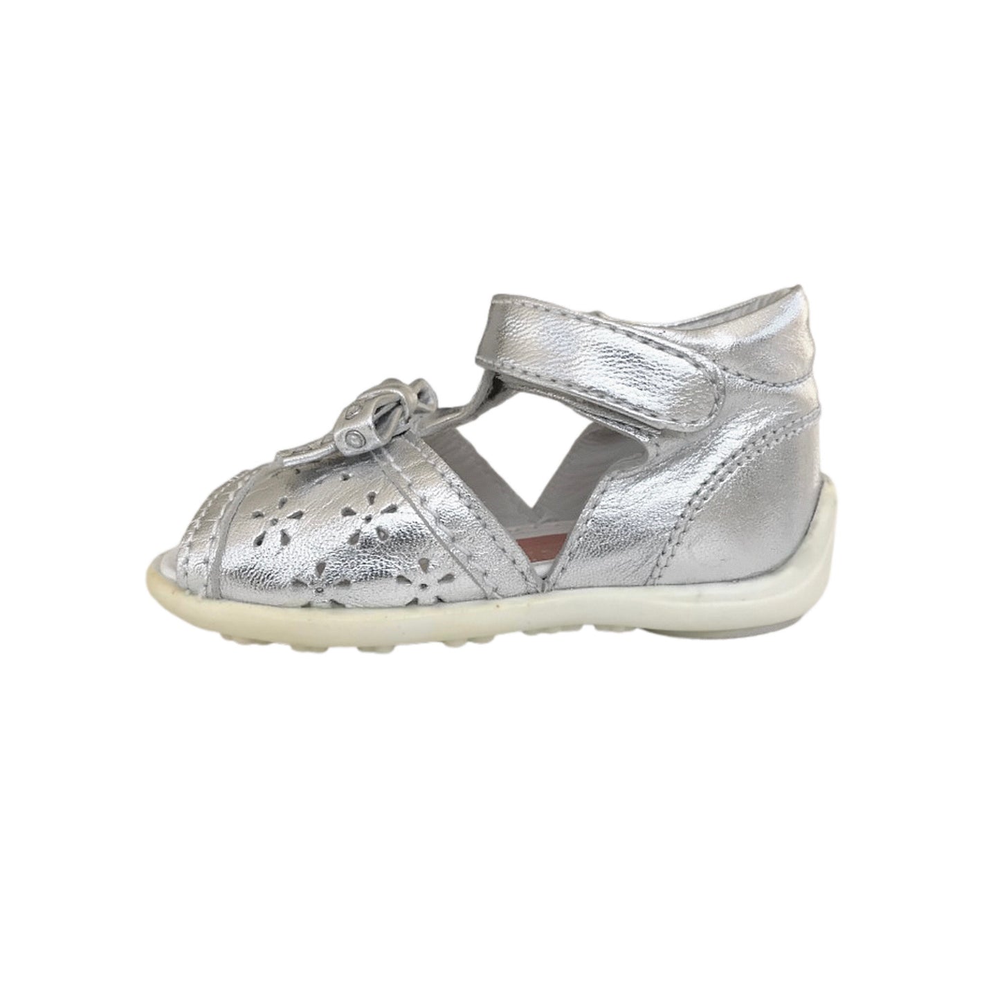 Sandali Bambina Chicco, Vera Pelle, Argento Laminato, Decorati con Fiocco e Strass