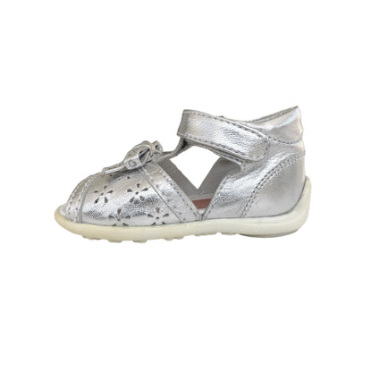 Sandali Bambina Chicco, Vera Pelle, Argento Laminato, Decorati con Fiocco e Strass