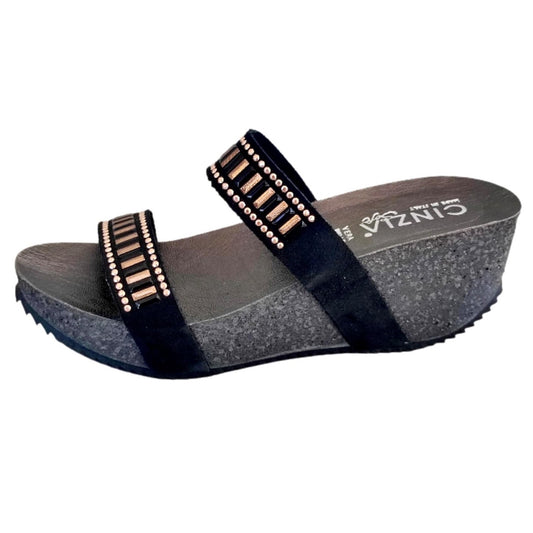 Ciabatte con zeppa Donna CinziaSoft 332 Nero con due fasce e decorazioni oro rosa