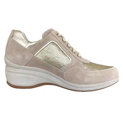 Sneakers Donna NeroGiardini P207010D Vera Pelle Beige Avorio con paillettes platino e zeppa - 39 (EU)