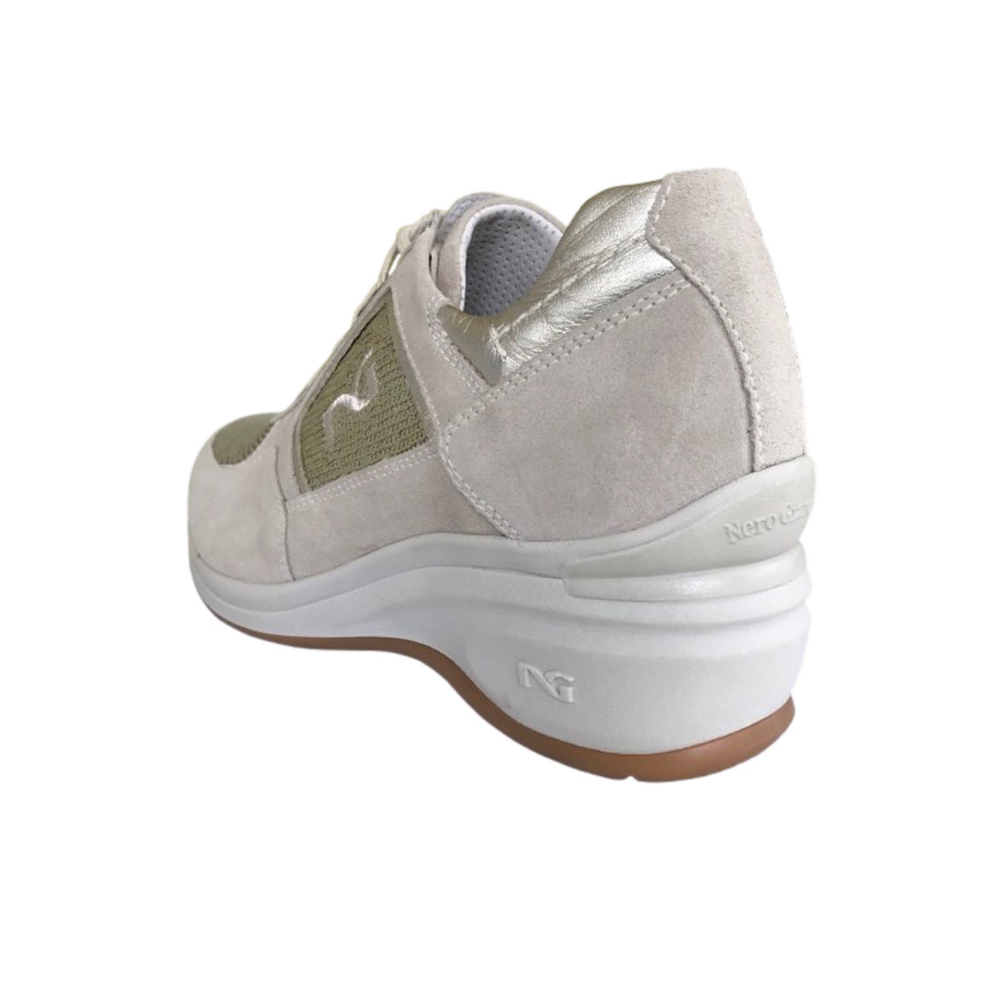 Sneakers Donna NeroGiardini P207010D Vera Pelle Beige Avorio con paillettes platino e zeppa - 39 (EU)