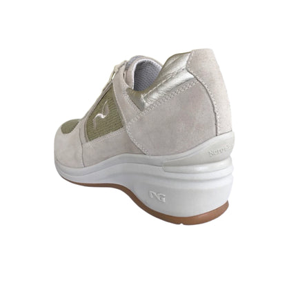 Sneakers Donna NeroGiardini P207010D Vera Pelle Beige Avorio con paillettes platino e zeppa - 39 (EU)