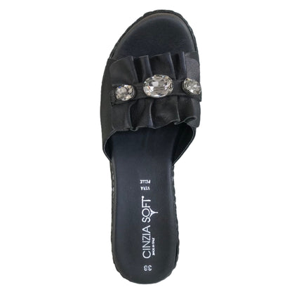 Ciabatte zatteroni Donna Cinzia Soft 4711 con zeppa alta, fascia vera pelle nero con cristalli