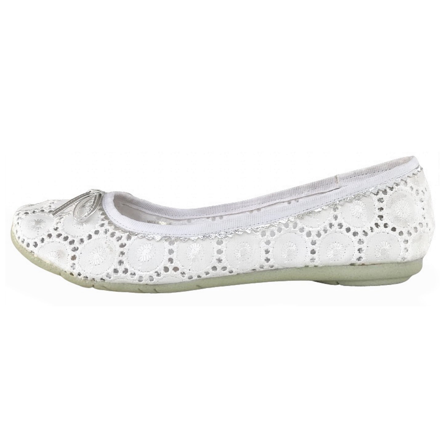 N.O.D. Ballerine in Pizzo Bianco con Fiocco Argento, Vera Pelle, Suola in Gomma