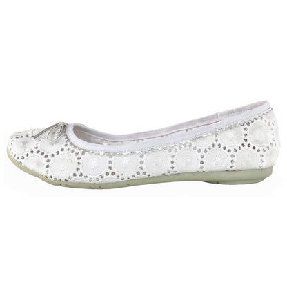 N.O.D. Ballerine in Pizzo Bianco con Fiocco Argento, Vera Pelle, Suola in Gomma