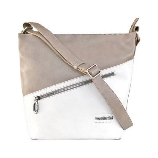 Borsa Donna NeroGiardini Vera Pelle Beige e Bianco con tracolla regolabile