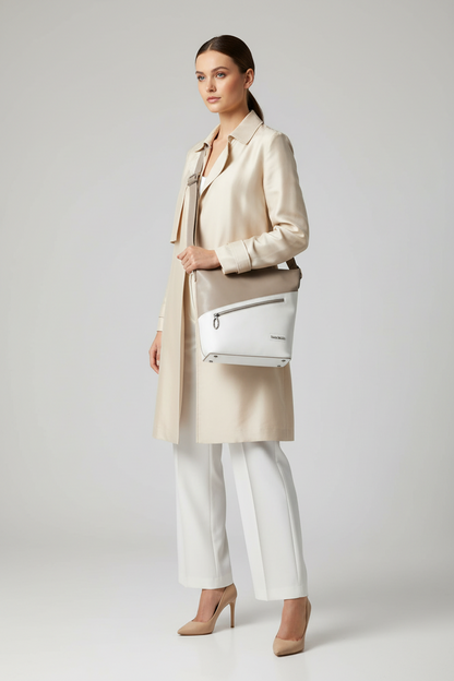 Borsa Donna NeroGiardini Vera Pelle Beige e Bianco con tracolla regolabile