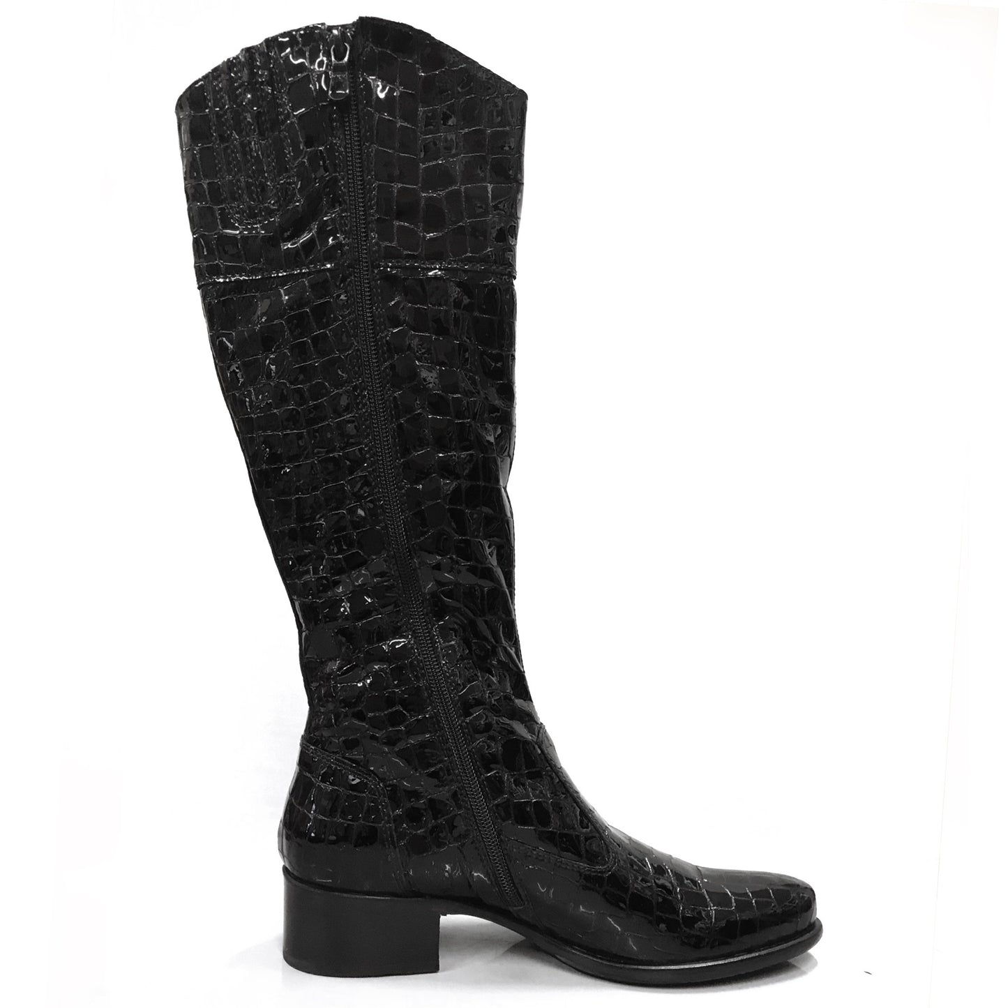 Stivali Cavallerizza Donna NeroGiardini A900186 Tacco a blocco basso, Vera pelle, Naplak in vernice, Stampa cocco, Zip - Colore Nero