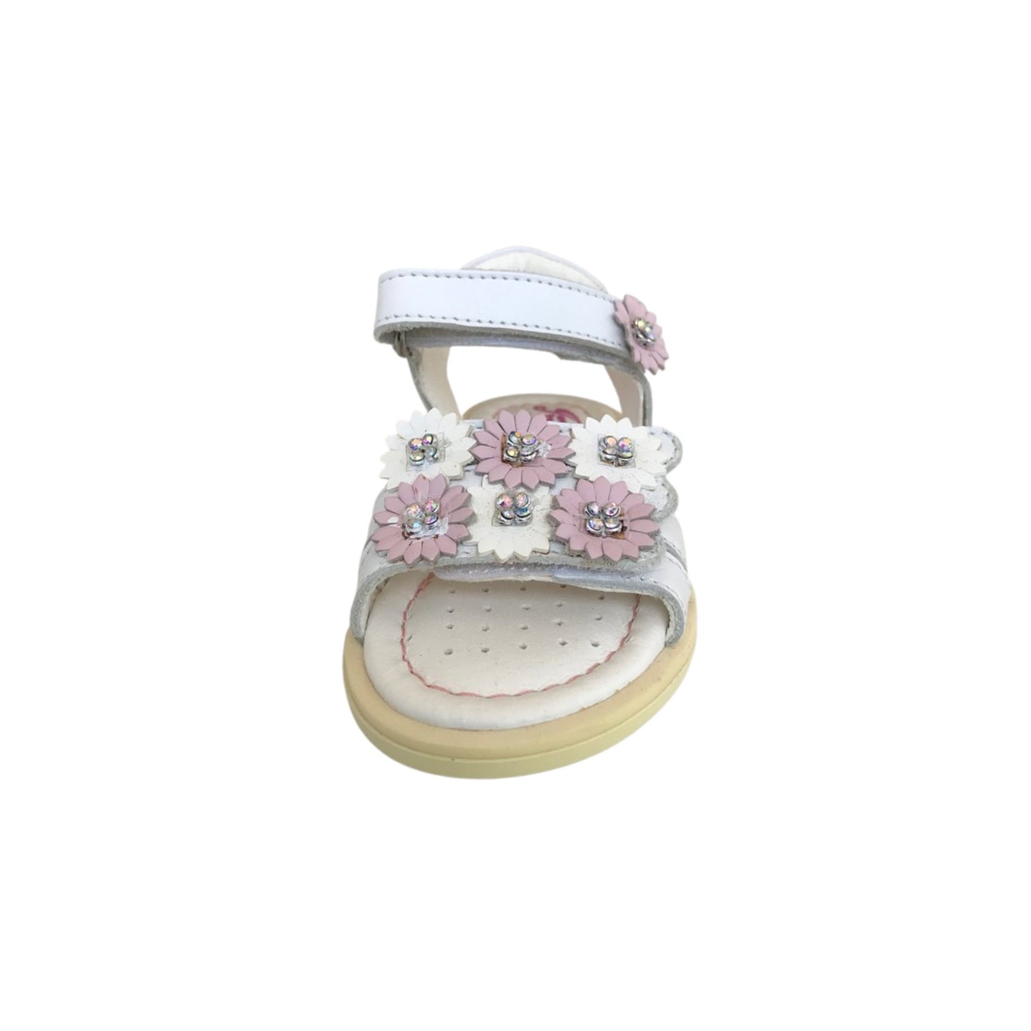 Sandali Bambina Primigi in Vera Pelle, Bianco con Applicazioni di Fiori Rosa e Bianchi, Chiusura a Strappo
