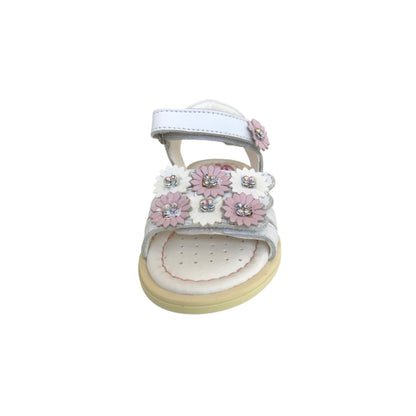 Sandali Bambina Primigi in Vera Pelle, Bianco con Applicazioni di Fiori Rosa e Bianchi, Chiusura a Strappo
