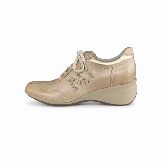 Sneakers donna NeroGiardini 00602 zeppa  beige sabbia laminato oro - 38 (EU)