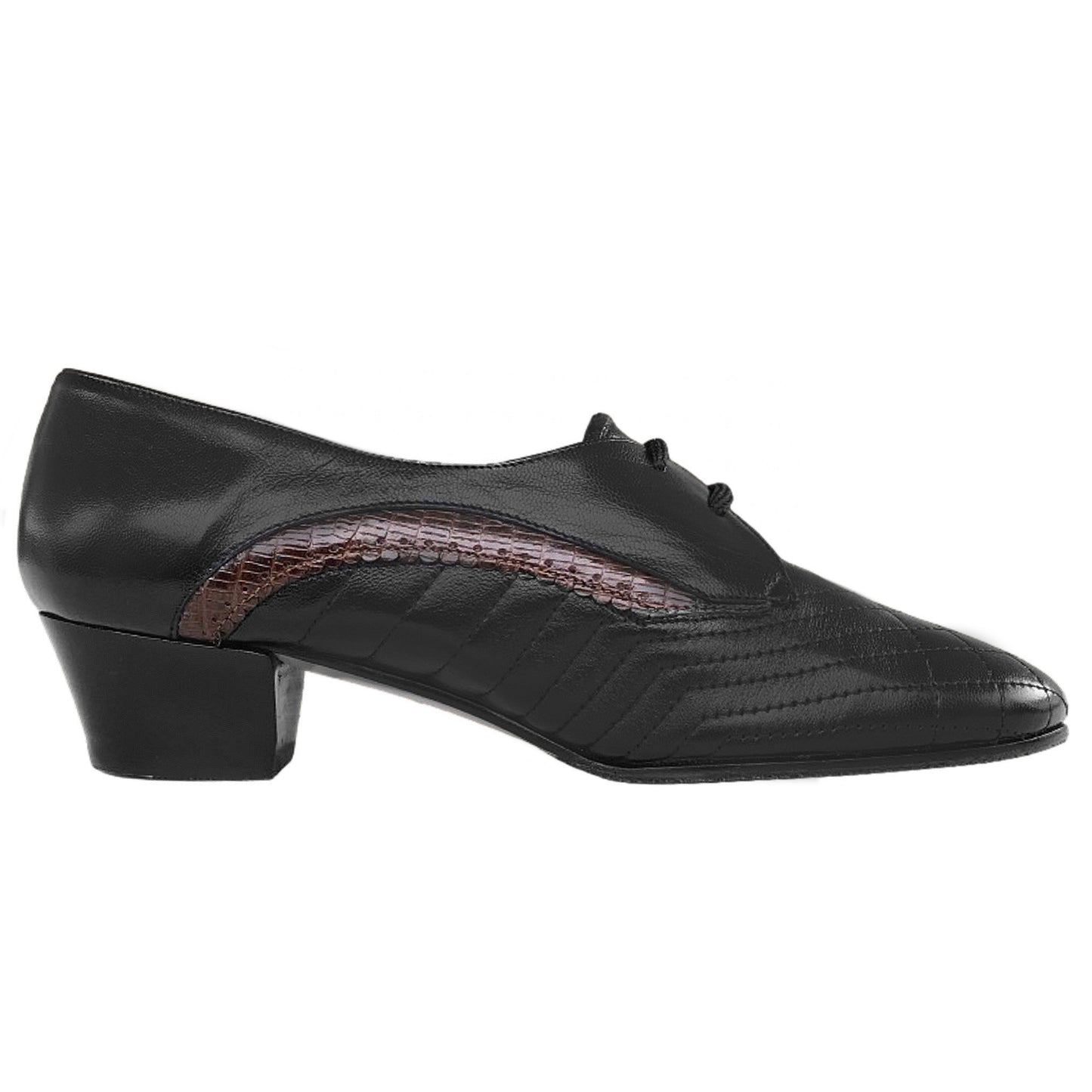Scarpe Donna Lady Confort 1447, tacco 3 cm, Vera Pelle, Nero, riporto laterale color cuoio, con lacci - 35 EU