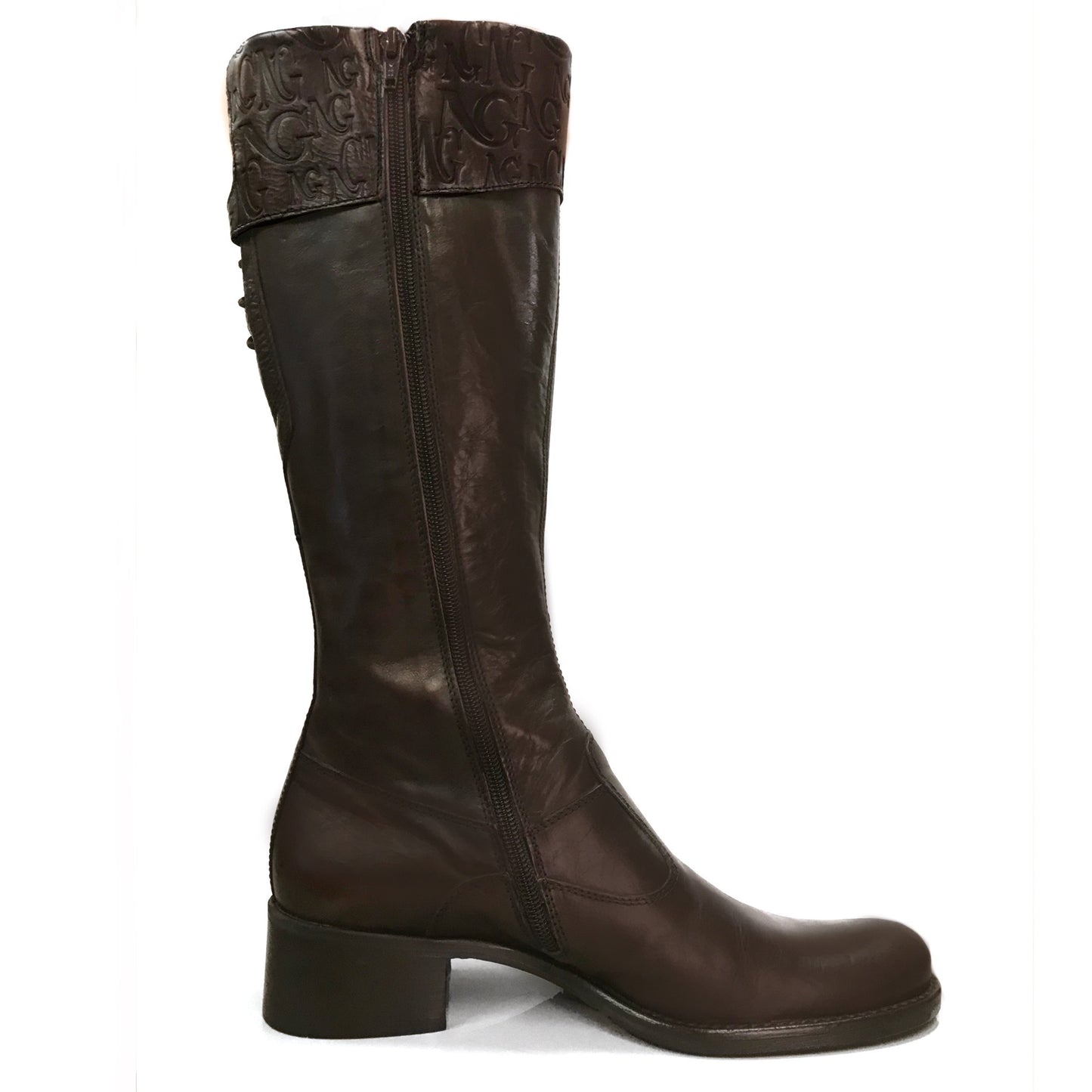 Stivali Cavallerizza NeroGiardini 00212 Vera Pelle, tacco basso 3 cm, Cerniera Zip Laterale, Lacci, risvolto monogram, Marrone Testa di Moro - Numero 38 (EU)