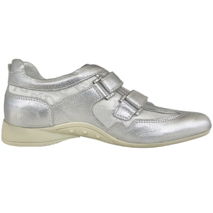 Sneakers basse donna NeroGiardini 279, con doppio strappo, Vera pelle e Tessuto Monogram, Argento, 36 EU