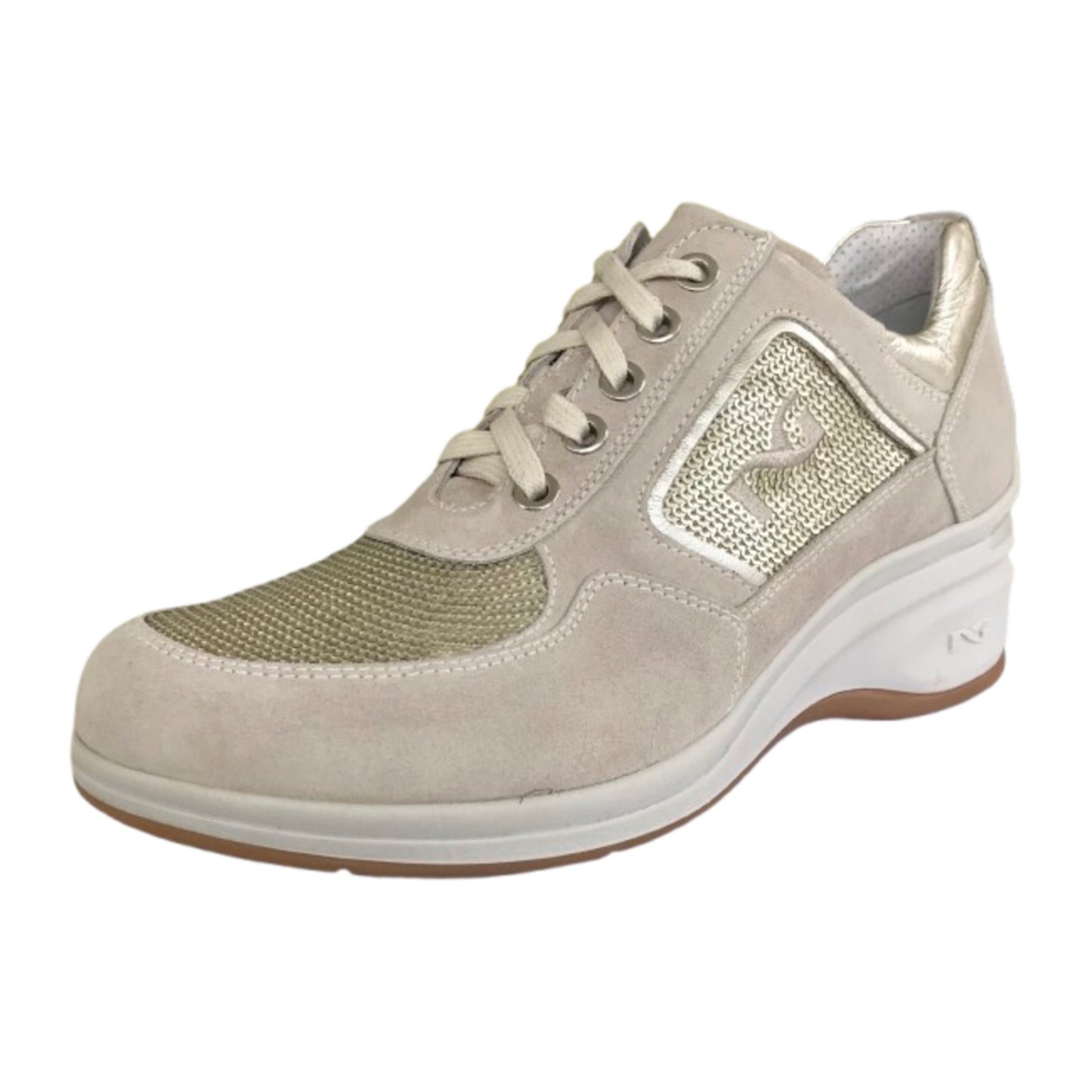Sneakers Donna NeroGiardini P207010D Vera Pelle Beige Avorio con paillettes platino e zeppa - 39 (EU)