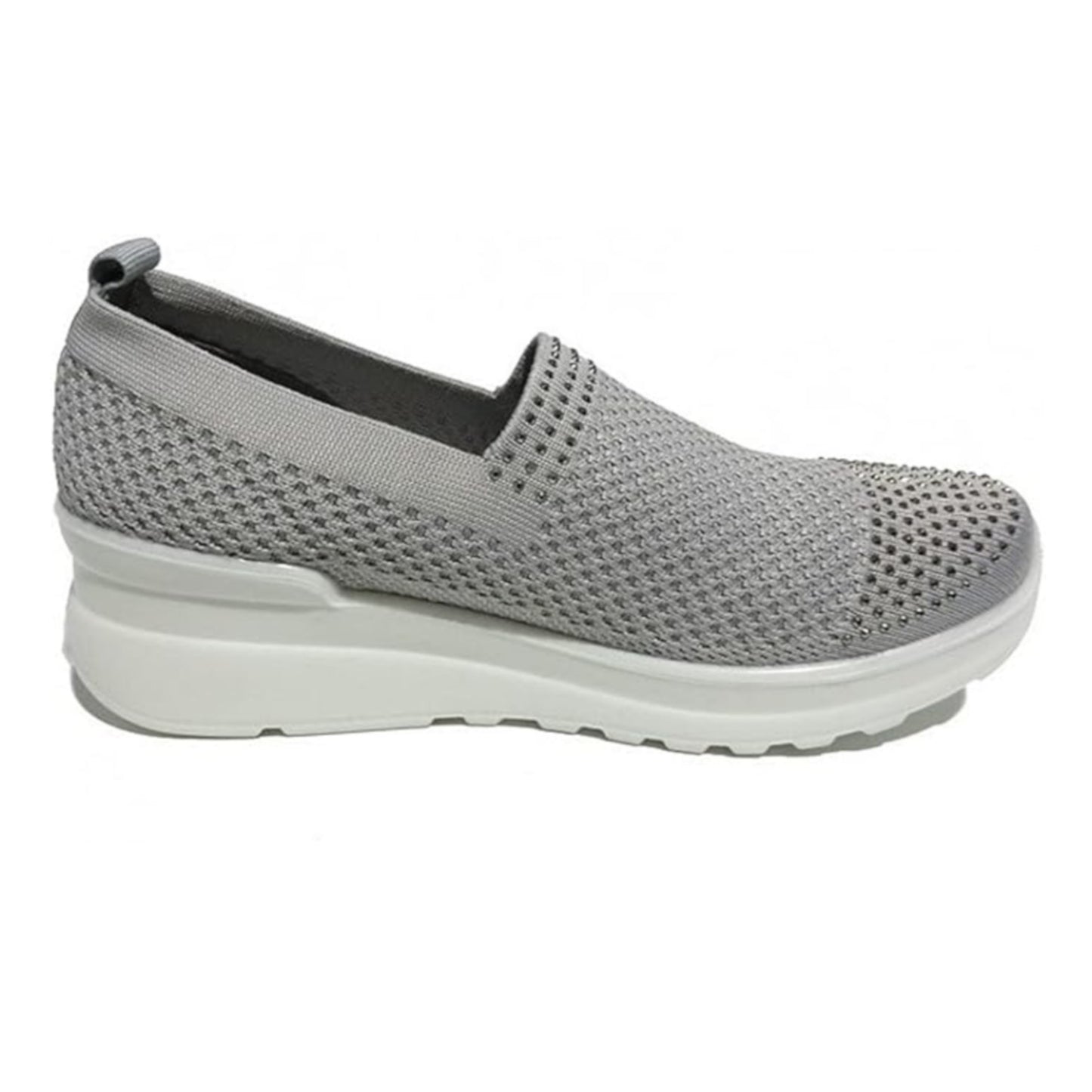Sneakers Donna CO.Moda Comfort 665 Tela Traspirante Elasticizzata Grigio con Strass Slip-On