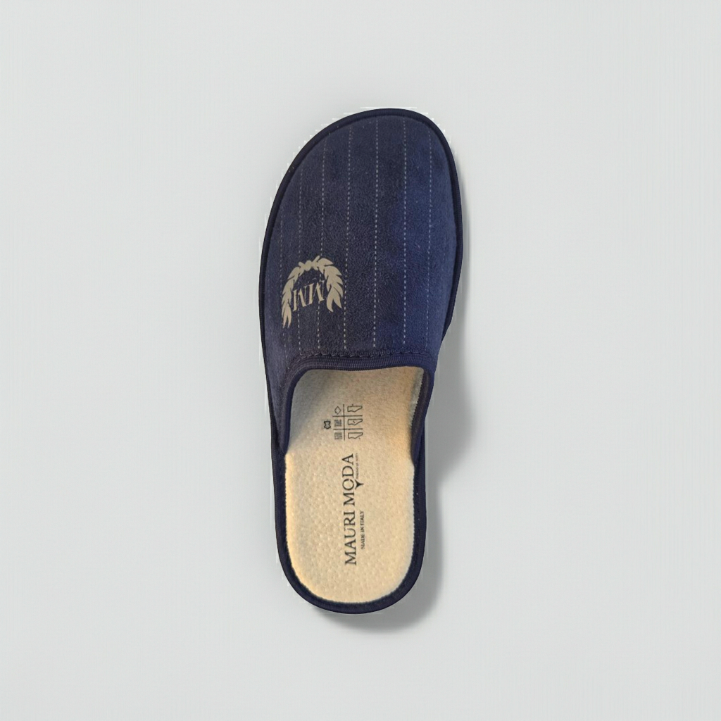 Mauri Moda, Ciabatte Pantofole Uomo in Velour, Felpato Lana, Soletta Vera Pelle Morbida, Blu, Suola Antiscivolo