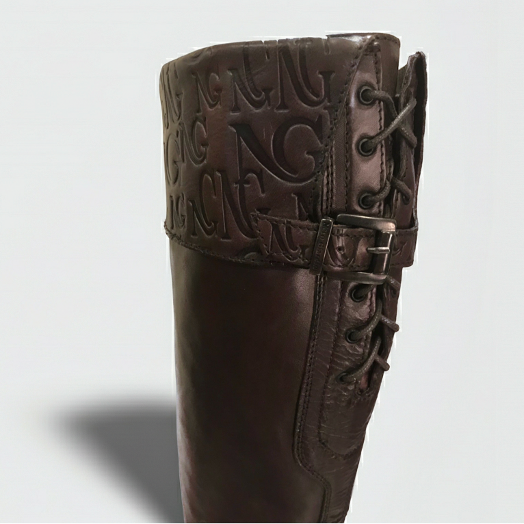 Stivali Cavallerizza NeroGiardini 00212 Vera Pelle, tacco basso 3 cm, Cerniera Zip Laterale, Lacci, risvolto monogram, Marrone Testa di Moro - 38 (EU)