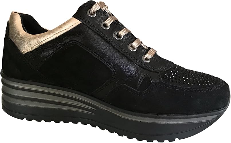Sneakers Donna Cinzia Soft 19015 in morbido Nabuk Nero, Lacci Oro, Zip laterale, Strass, Nero - Numero 36