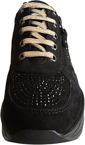 Sneakers Donna Cinzia Soft 19015 in morbido Nabuk Nero, Lacci Oro, Zip laterale, Strass, Nero - Numero 36