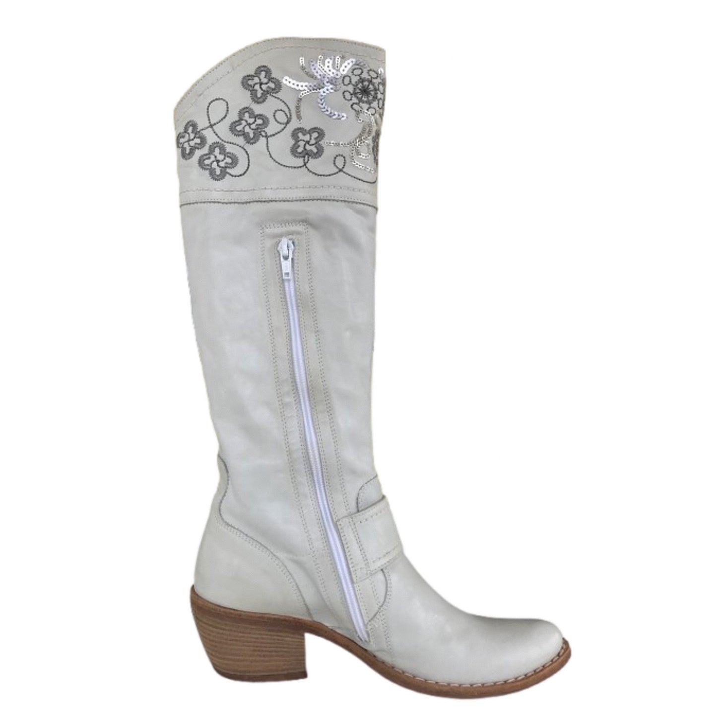 Stivali Texani Donna NeroGiardini 00781 Vera Pelle Bianco Ghiaccio Ricami Argento
