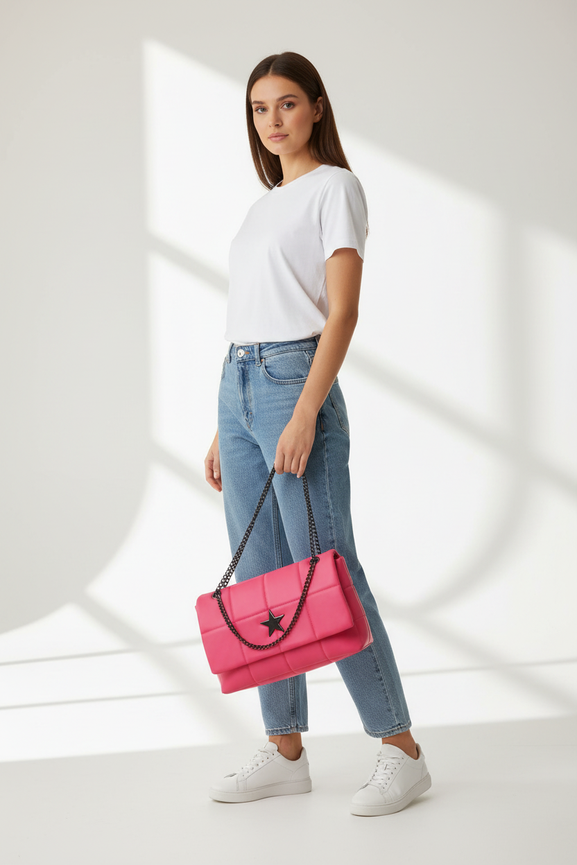 Borsa PhilFirenze Rosa Fucsia con Catena Regolabile, Bottone a Stella - 35x25x11 cm