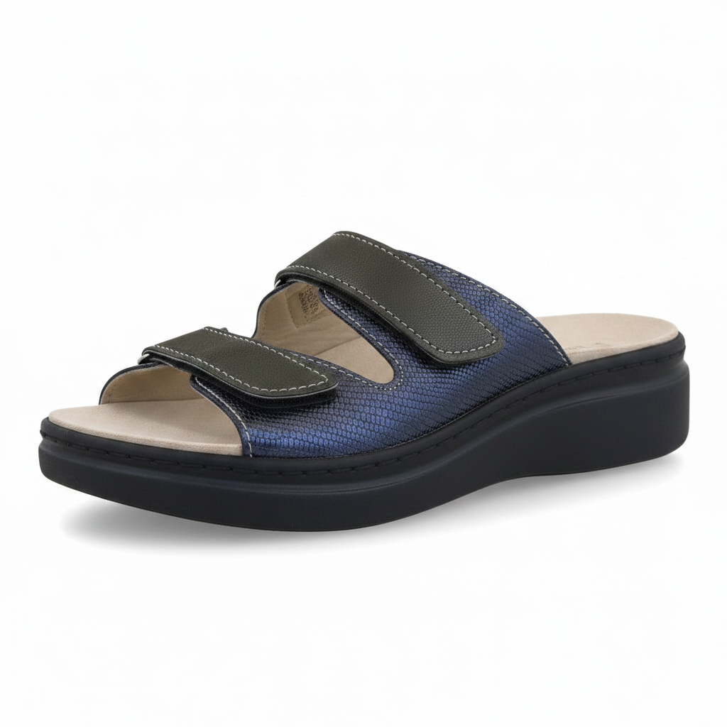 Ciabatte CinziaSoft MZK11 Doppio strap in vera pelle Blu con plantare estraibile