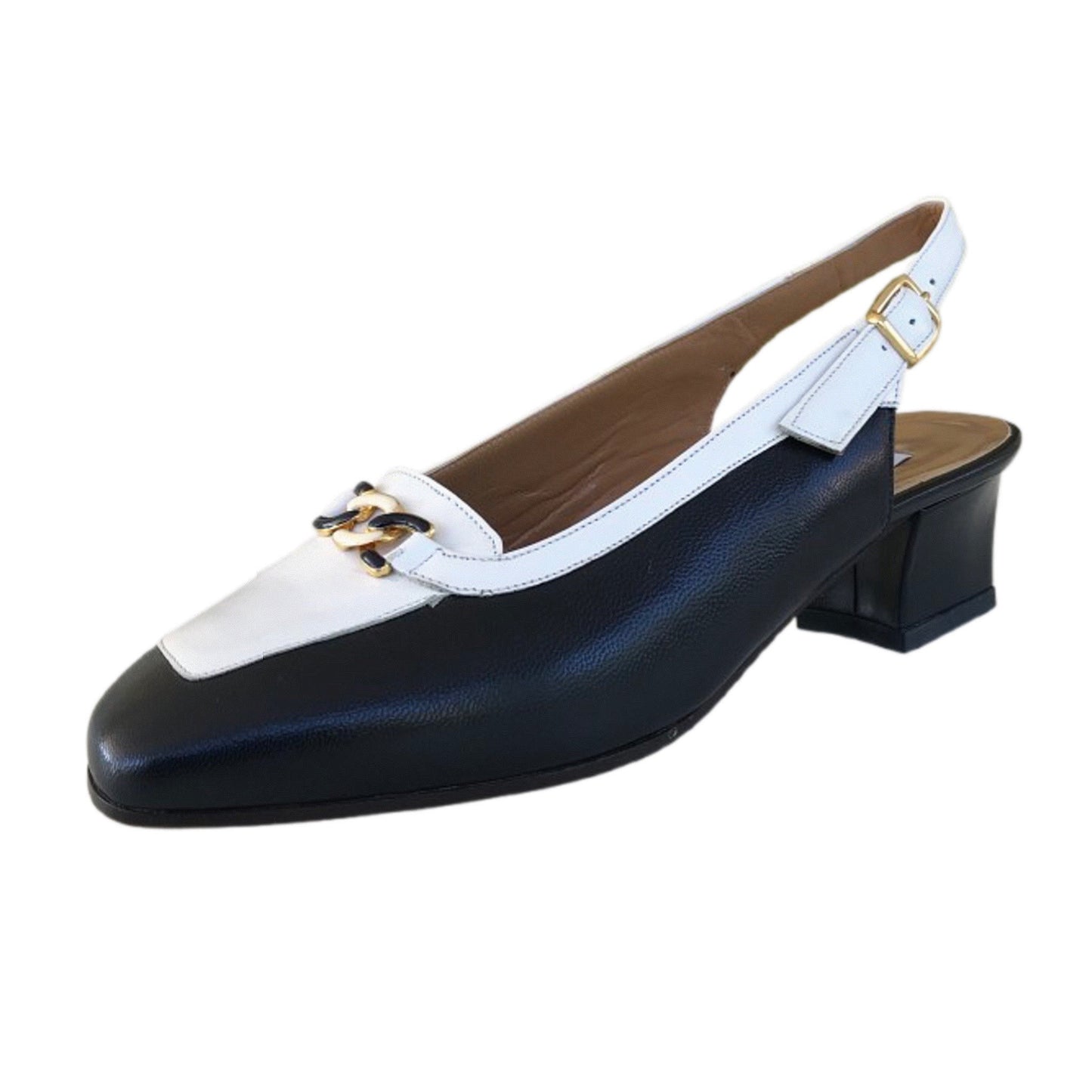 Décolleté Slingback Donna Confort 2058 in Vera Pelle Blu Navy e Bianco