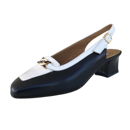 Décolleté Slingback Donna Confort 2058 in Vera Pelle Blu Navy e Bianco