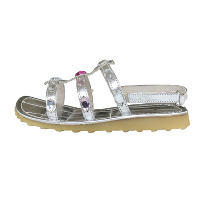 Sandali Bambina Gae Lilì Vera Pelle, Argento con Cristalli Decorativi Rosa e Argento, Chiusura a strappo, 33 EU