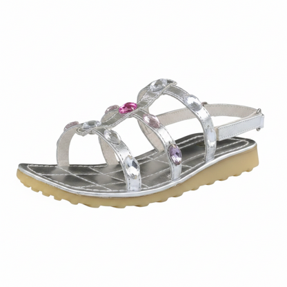 Sandali Bambina Gae Lilì Vera Pelle, Argento con Cristalli Decorativi Rosa e Argento, Chiusura a strappo, 33 EU