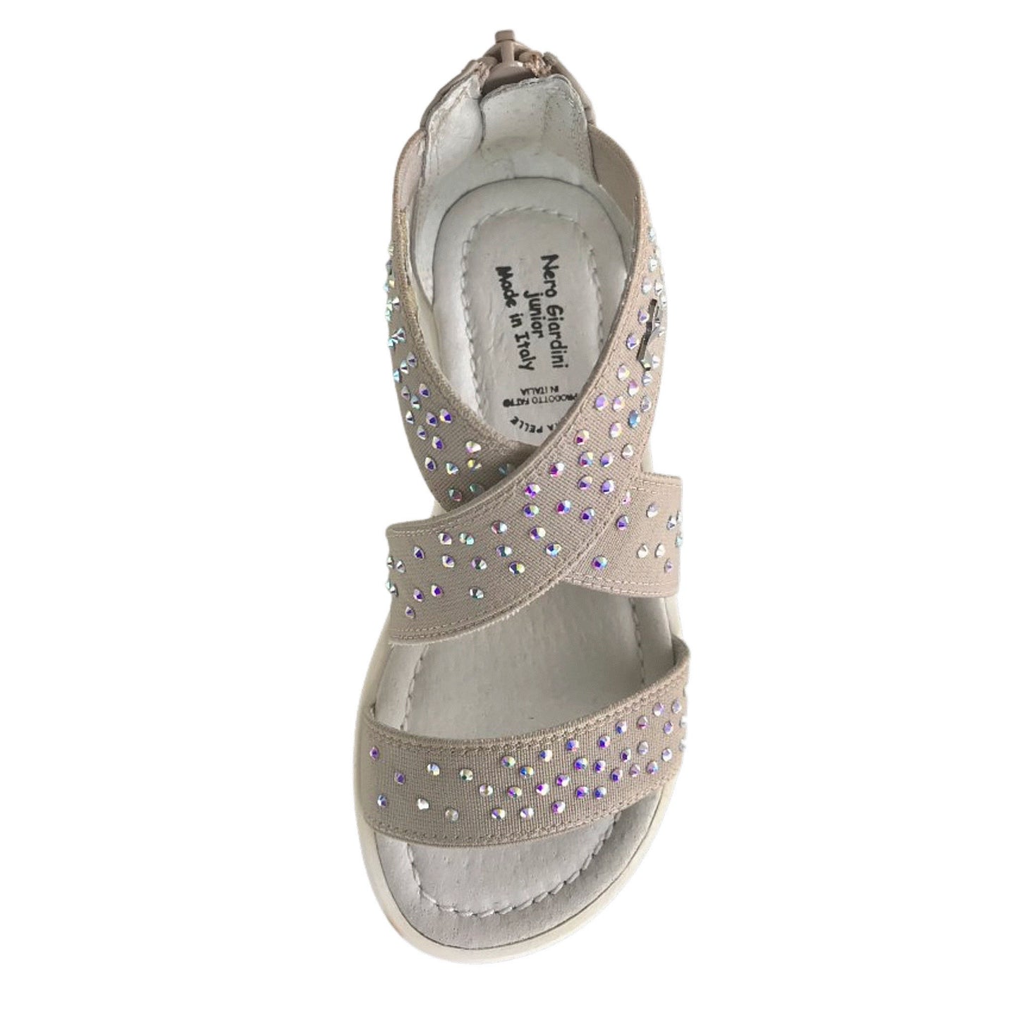Sandali Bambina con Strass, Cinturino alla Caviglia, Platform, Chiusura Zip, Beige Sabbia