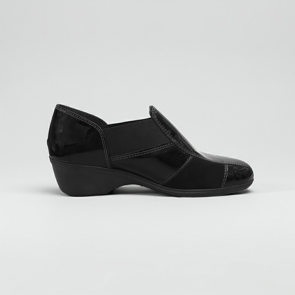 Sneakers Donna Cinzia Soft Art 651 - Zeppa 4 cm, Elastico Laterale, Vernice e Camoscio Nero